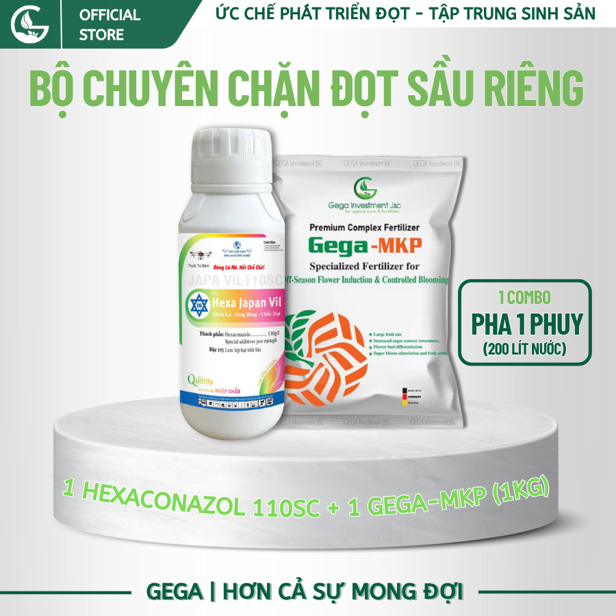 Combo GEGA Chuyên Chặn Đọt Sầu Riêng Hexaconazole 110SC & MKP – Chặn đọt mạnh, giữ tán, dưỡng bông, nuôi trái hiệu quả
