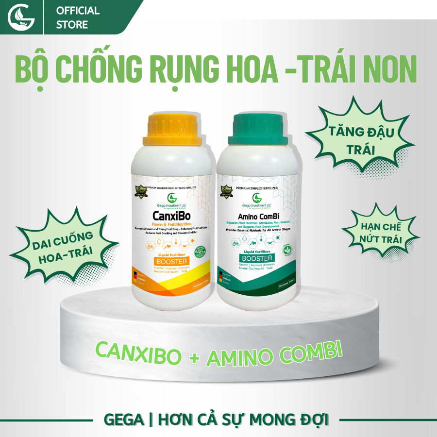 Combo Chuyên Chống Rụng Hoa Đậu Trái Tốt GEGA CANXIBO & AMINO COMBI RONG BIỂN hạn chế nứt trái (Pha 2 Phuy)