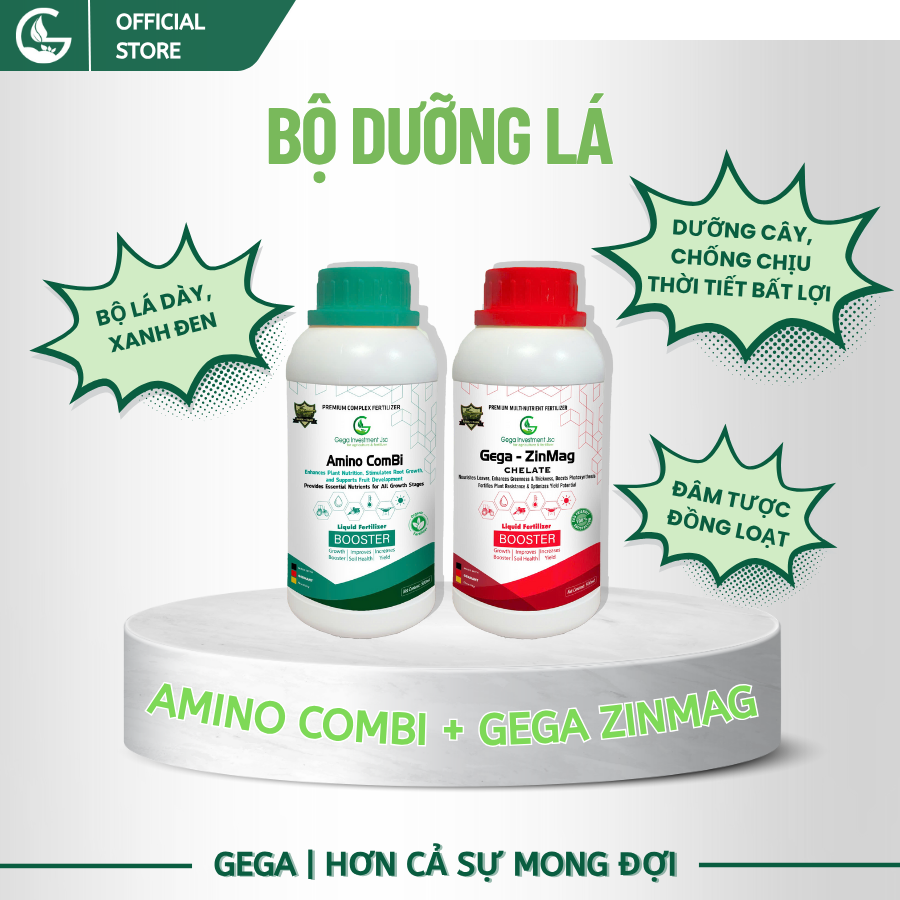 Combo Chuyên Dưỡng Lá Xanh Dày, Đen Bóng – GEGA AMINO RONG BIỂN+ZINMAG Magie Kẽm, Cây Khỏe Đẹp (Pha 2 Phuy)