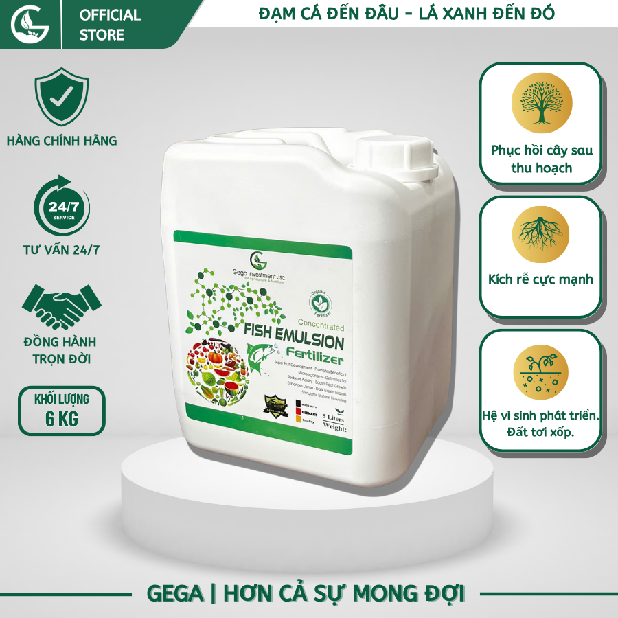 Đạm Cá Cô Đặc GEGA Can 5 Lít – Phân Bón Hữu Cơ Tưới Gốc – Xanh Lá, Rễ Khỏe, Cải Tạo Đất, Giúp Cây Hấp Thu Dinh Dưỡng Tốt