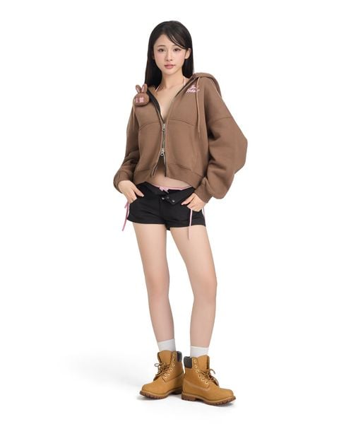 LOGO ZIP RABBIT HOODIE - BROWN