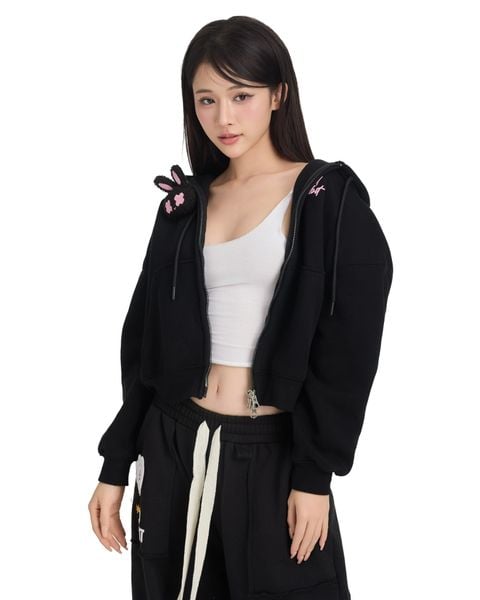 LOGO ZIP RABBIT HOODIE - BLACK