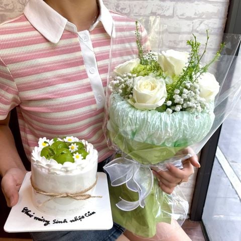  Set Bánh & Hoa Tone Xanh Lá (Bó xanh lá nhún) 