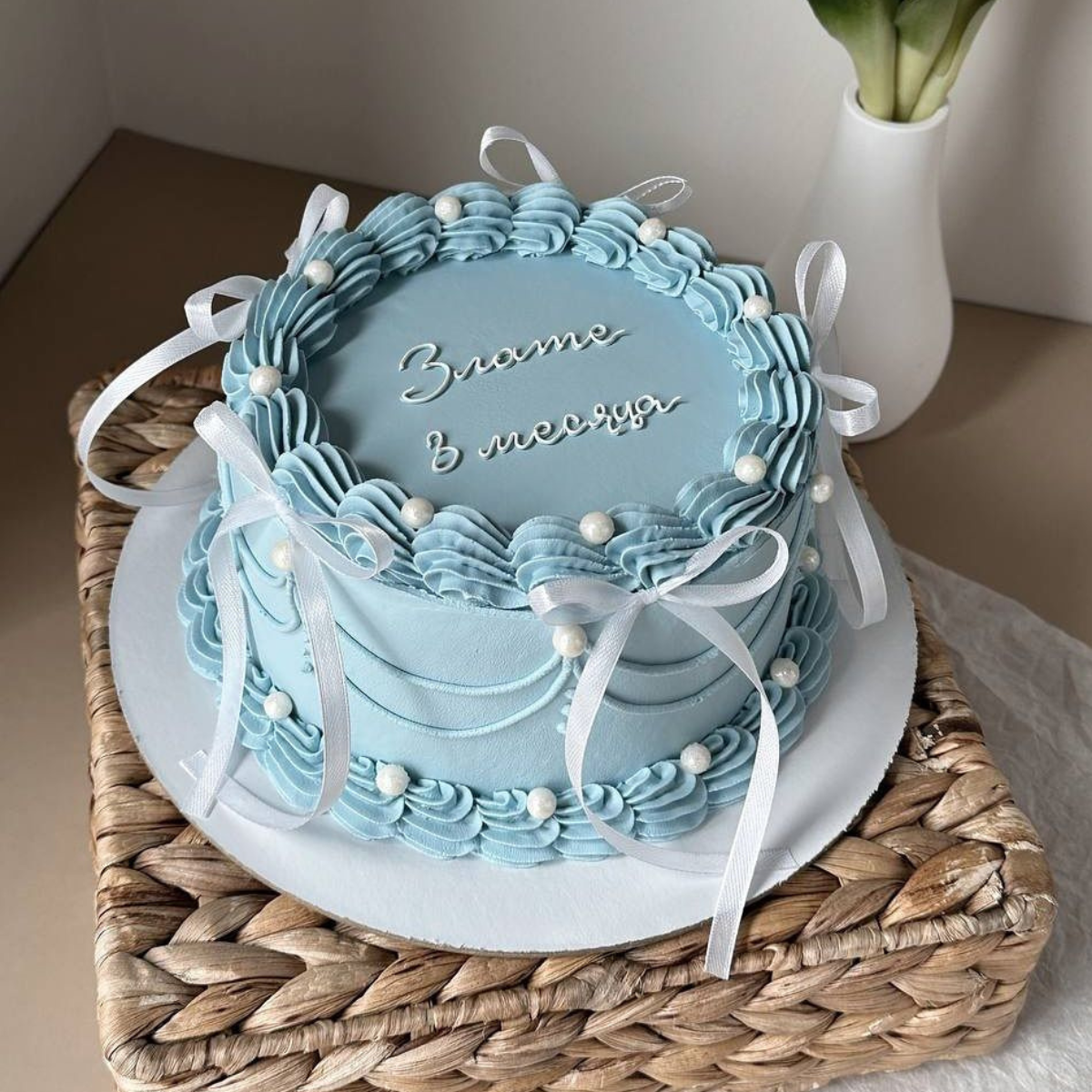  Bento Cake Xanh Dương Pastel Gắn nơ 