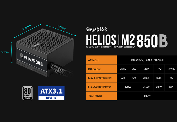 Nguồn máy tính Gamdias HELIOS M2-850B 850W
