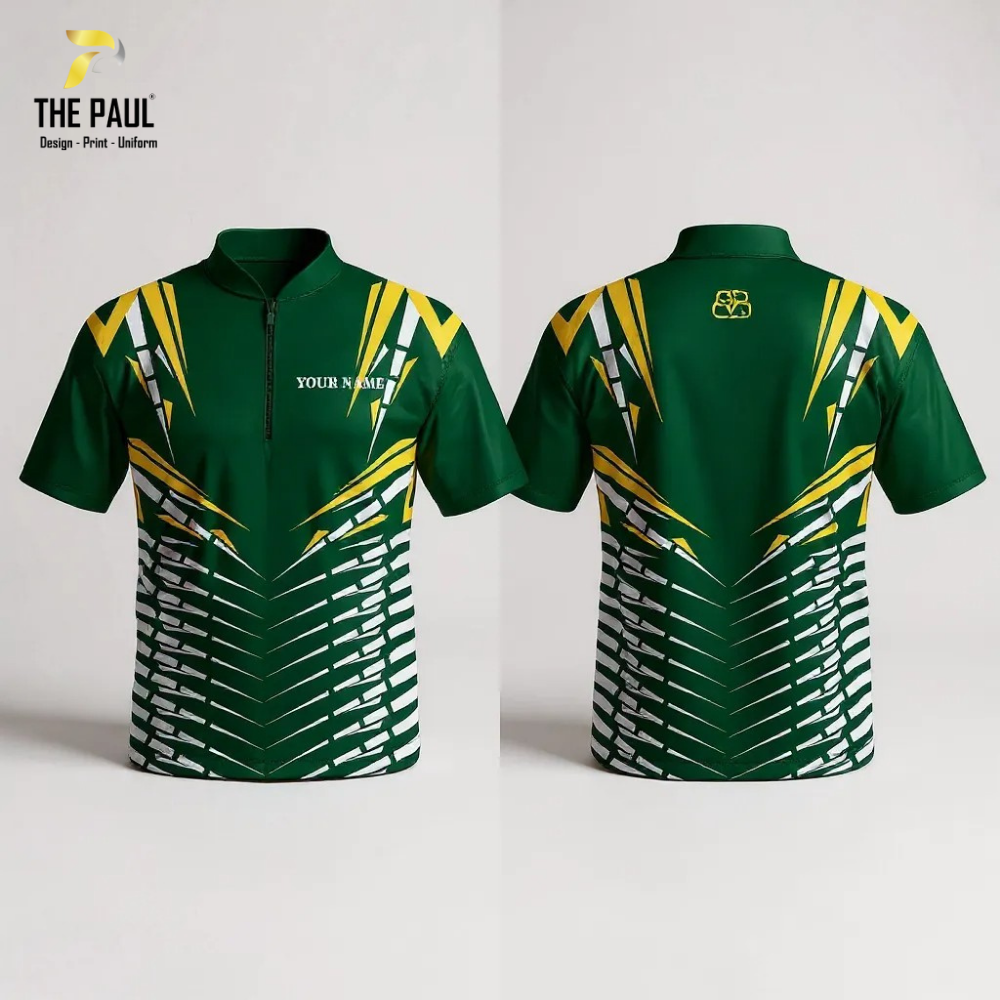  Áo thun bi da xanh phối vàng, cổ lãnh tụ 