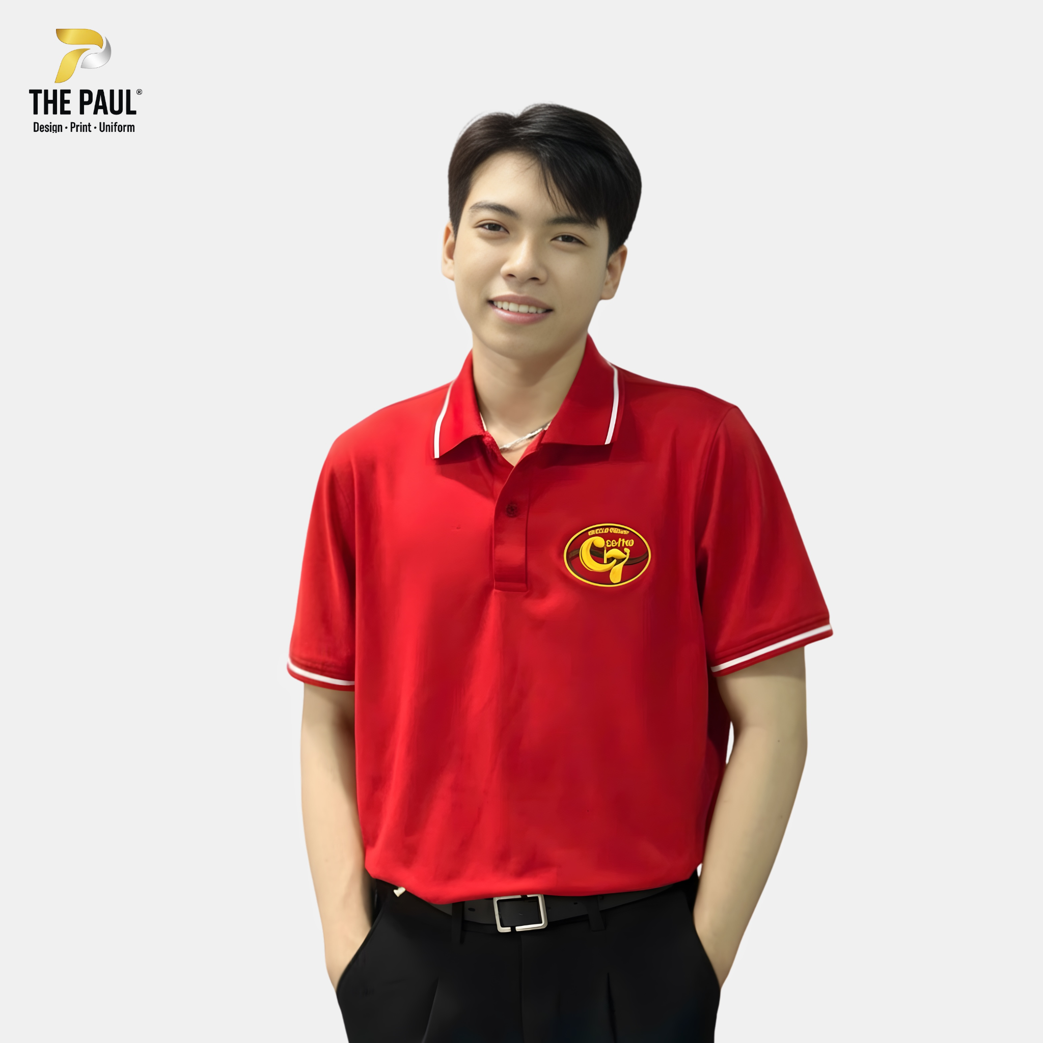  Áo thun polo đỏ, thêu logo HUCA FOOD - Chuỗi F&B 02 
