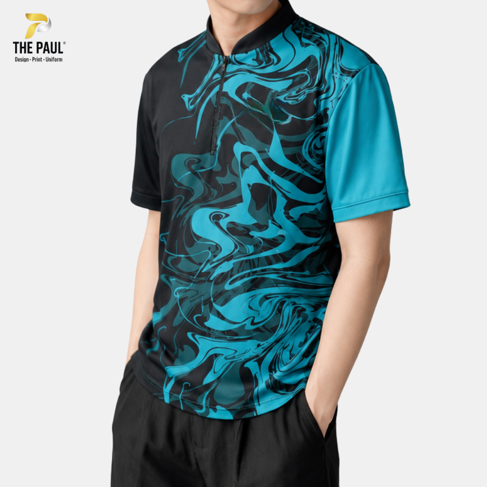  Áo thun cổ lãnh tụ bi-da xanh đen 