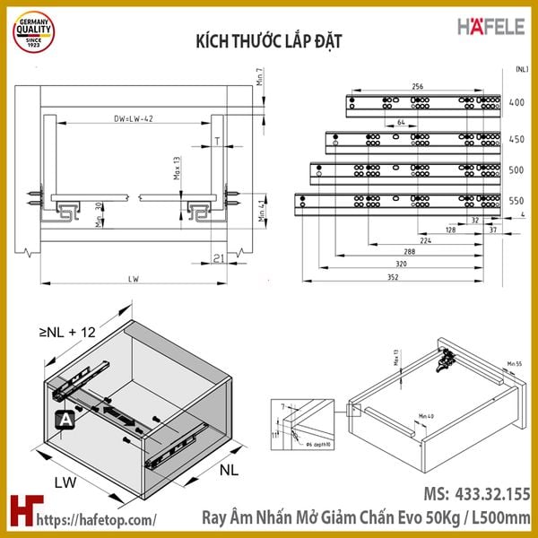 Ray Âm Nhấn Mở EPC Evo 500mm Hafele 433.32.155 – HAFELE