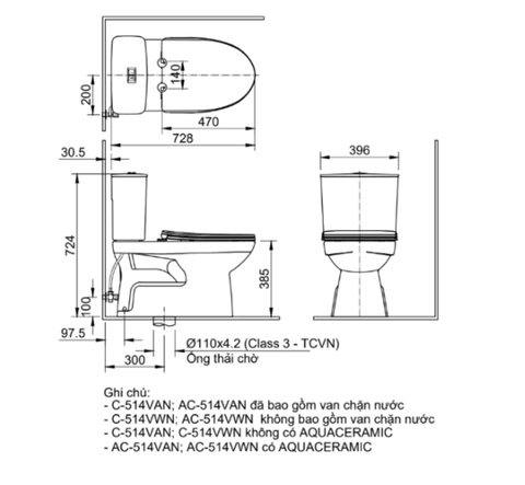 Bồn cầu 2 khối -INAX-AC-514VAN