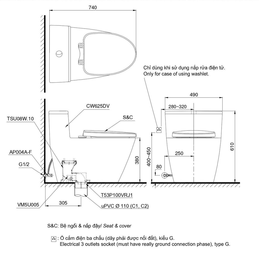 Bàn cầu 1 khối kèm nắp rửa điện tử WASHLET dòng S7 -TOTO
