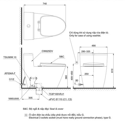 Bàn cầu 1 khối kèm nắp rửa điện tử WASHLET dòng S7 -TOTO