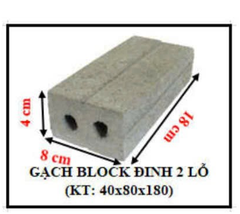 Gạch Block Dính 2 Lỗ – Kích Thước 40 × 80 × 180 mm