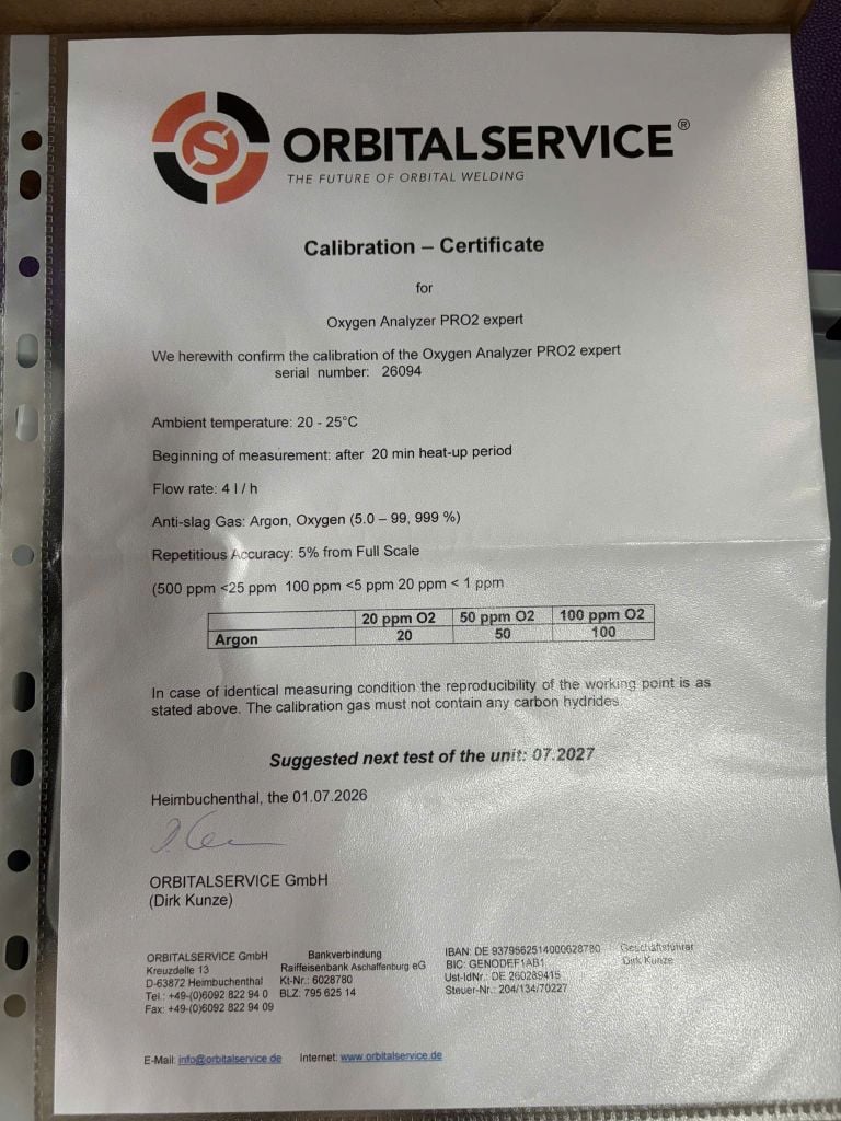 Máy đo nồng độ oxy hàn ống PRO2 expert, hãng Orbitalservice