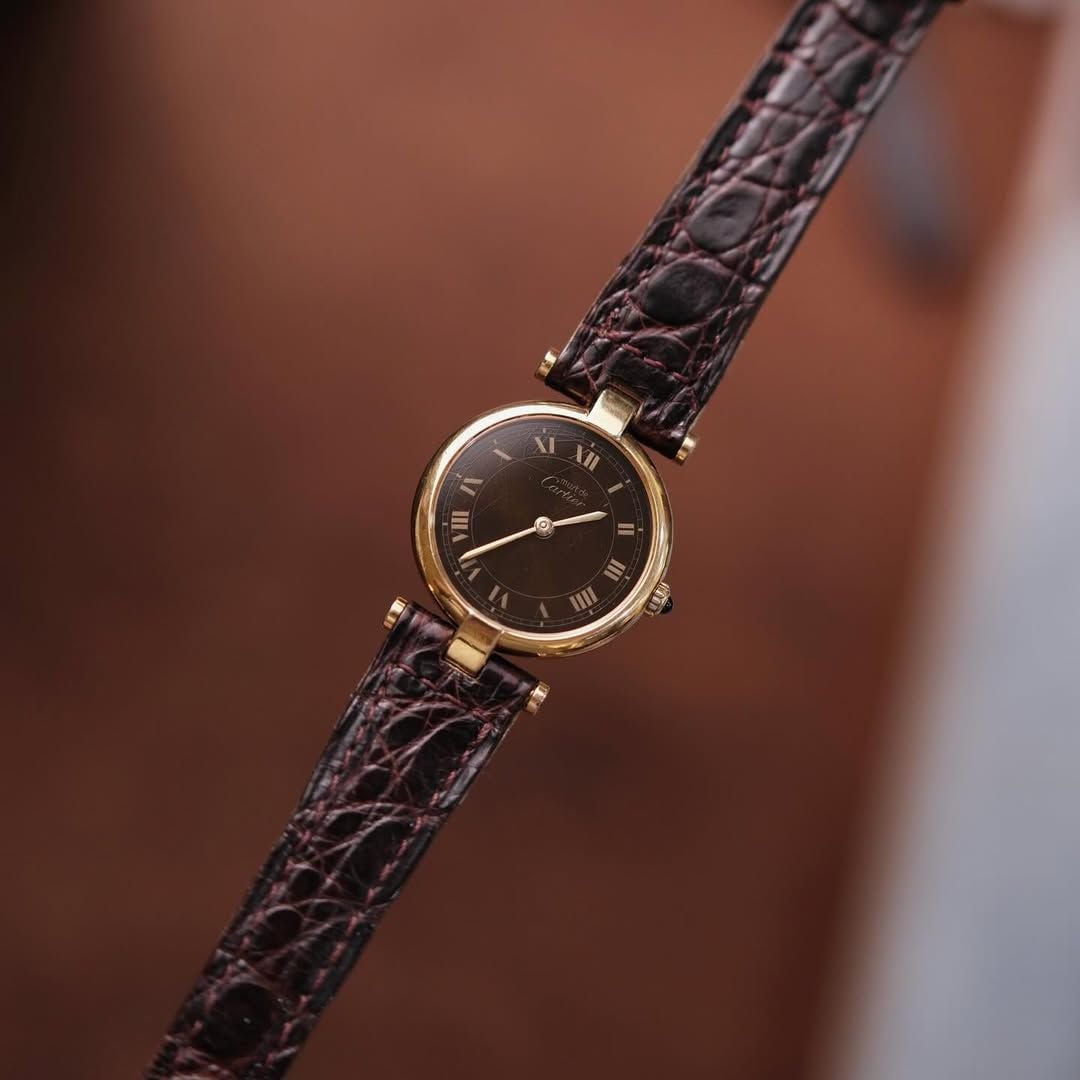  1980's Must de Cartier Vendome Ref.18 Tortoise Lacquer Brown Wood Grain Dial 