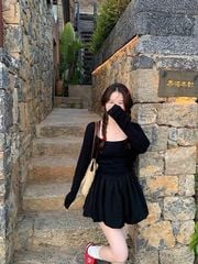 Sét đầm màu đen 2 dây Bí mix áo khoác cánh dơi