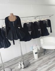Sét đầm màu đen 2 dây Bí mix áo khoác cánh dơi