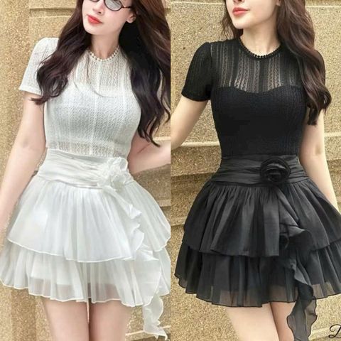 ĐẦM REN PHỐI TÙNG TƠ HAI LỚP ( CÓ LÓT QUẦN) KÈM BÔNG