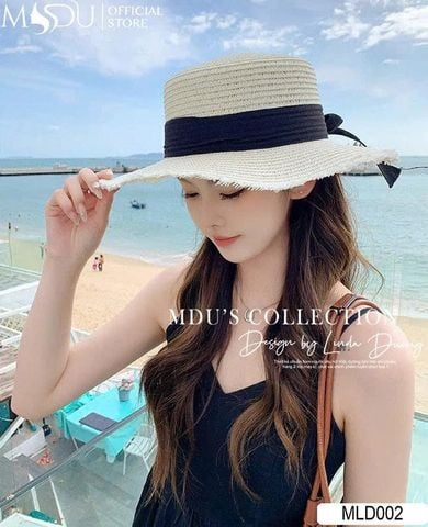 Mũ Cói Nữ Rộng Vành Thắt Nơ Đen Vintage