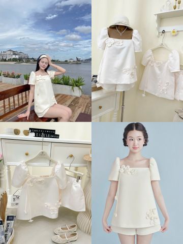 Set áo và quần soc kem trắng thêu hoa nổi