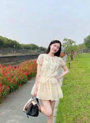 SET ÁO NUDE REN HOA CỔ SEN BO EO RÚT + CHÂN VÁY XOÈ