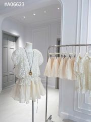 SET ÁO NUDE REN HOA CỔ SEN BO EO RÚT + CHÂN VÁY XOÈ
