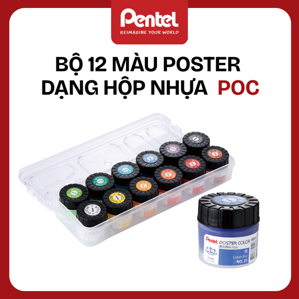 Bộ 12 Màu Poster Pentel Dạng Hộp Nhựa  – Chính Hãng, Màu Mịn, Không Dễ Phai, Trên Mọi Vật Liệu