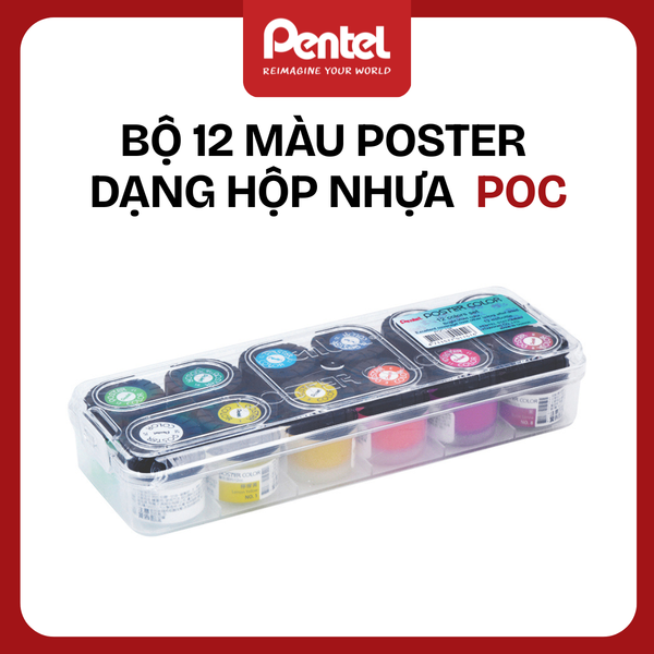 Bộ 12 Màu Poster Pentel Dạng Hộp Nhựa  – Chính Hãng, Màu Mịn, Không Dễ Phai, Trên Mọi Vật Liệu