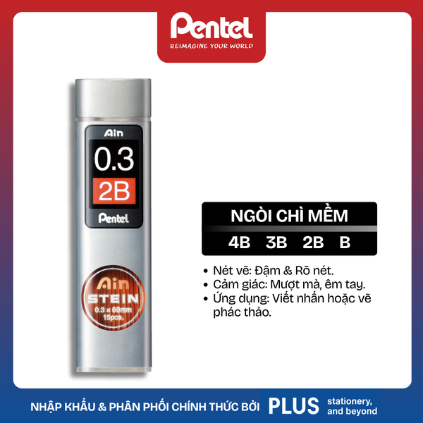 Ruột Chì Kim Pentel Ain STEIN – Công Nghệ Chống Gãy Siêu Cứng – Ngòi 0.3/0.5/0.7/0.9mm (HB, B, 2B, 3B, 4B)