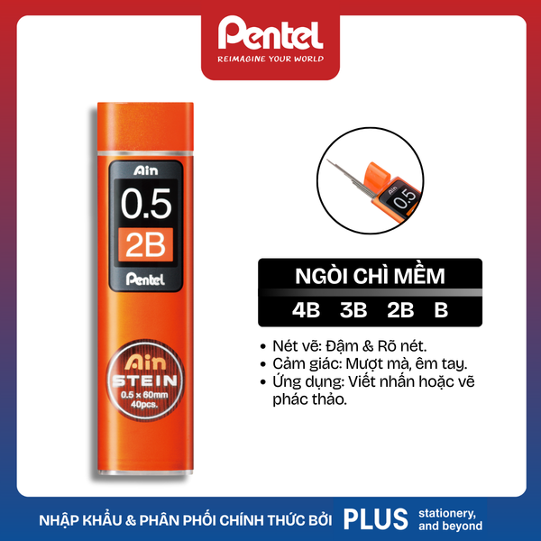 Ruột Chì Kim Pentel Ain STEIN – Công Nghệ Chống Gãy Siêu Cứng – Ngòi 0.3/0.5/0.7/0.9mm (HB, B, 2B, 3B, 4B)