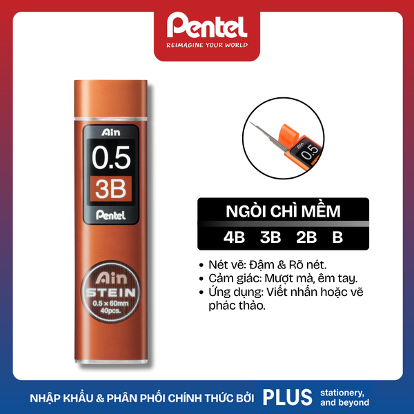 Ruột Chì Kim Pentel Ain STEIN – Công Nghệ Chống Gãy Siêu Cứng – Ngòi 0.3/0.5/0.7/0.9mm (HB, B, 2B, 3B, 4B)