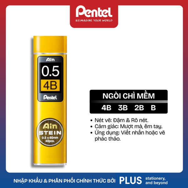 Ruột Chì Kim Pentel Ain STEIN – Công Nghệ Chống Gãy Siêu Cứng – Ngòi 0.3/0.5/0.7/0.9mm (HB, B, 2B, 3B, 4B)
