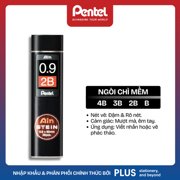 Ruột Chì Kim Pentel Ain STEIN – Công Nghệ Chống Gãy Siêu Cứng – Ngòi 0.3/0.5/0.7/0.9mm (HB, B, 2B, 3B, 4B)