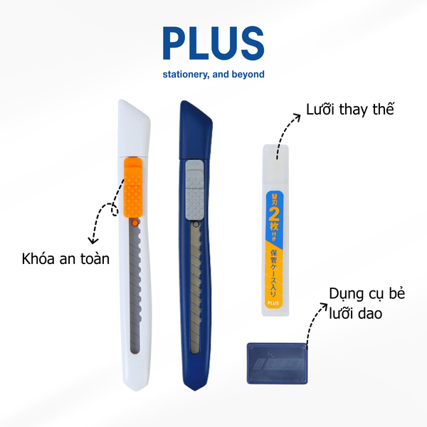 Dao rọc giấy PLUS Size S – An toàn, gọn nhẹ, kèm hộp bẻ & thay lưỡi dao