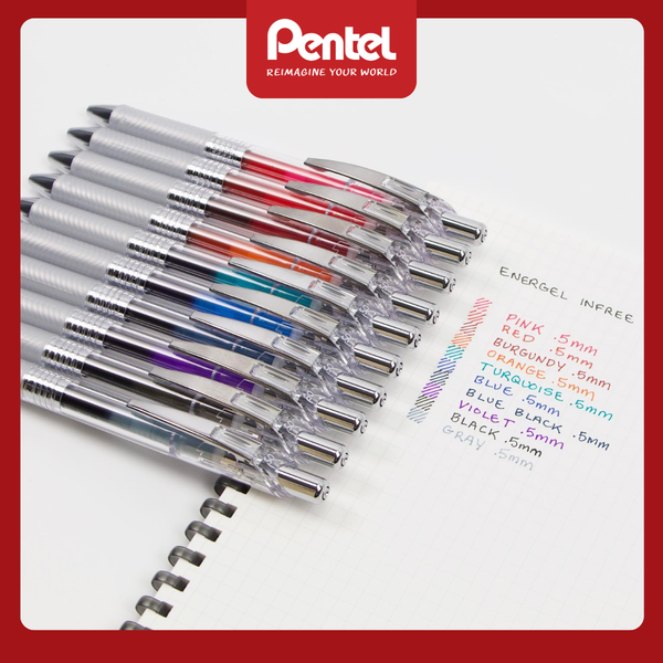 Bút Gel Pentel EnerGel Infree BLN75TL 0.5mm Nhật Bản | Thân Trong Suốt | Khô Nhanh | 10 Màu Mực
