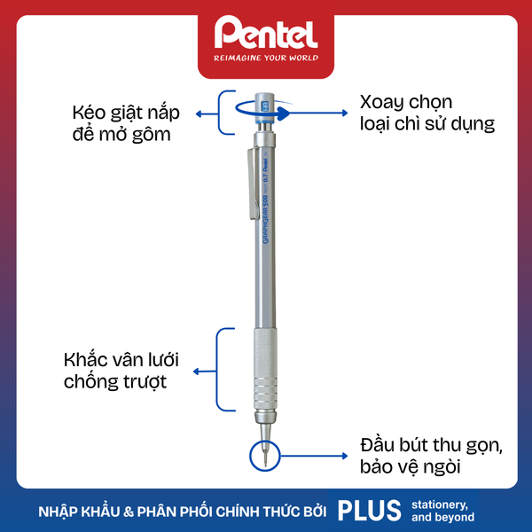 Bút Chì Kim Kỹ Thuật Graphgear 500 Cao Cấp Pentel – Thân Kim Loại, Có Gôm, 4 Cỡ Ngòi