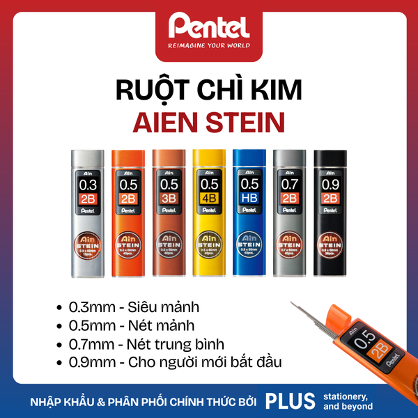 Ruột Chì Kim Pentel Ain STEIN – Công Nghệ Chống Gãy Siêu Cứng – Ngòi 0.3/0.5/0.7/0.9mm (HB, B, 2B, 3B, 4B)