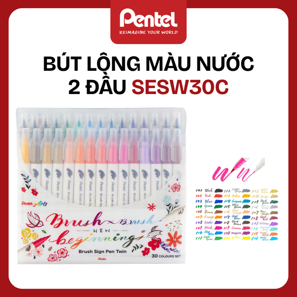Bút Dạ Màu 2 Đầu Pentel SESW30C – Brush Sign Pen TwinTip | 30 Màu | Viết Thư Pháp & Calligraphy