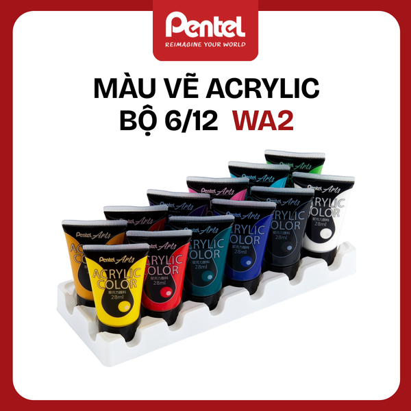 Bộ Màu Acrylic Pentel WA2 – Bộ 6 Màu / 12 Màu | Vẽ Trên Mọi Chất Liệu | Màu Nhật Bản An Toàn – Bền Đẹp – Khô Nhanh