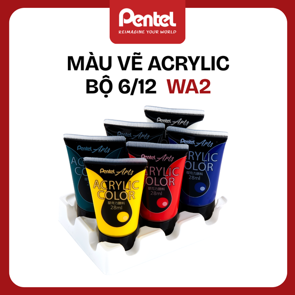 Bộ Màu Acrylic Pentel WA2 – Bộ 6 Màu / 12 Màu | Vẽ Trên Mọi Chất Liệu | Màu Nhật Bản An Toàn – Bền Đẹp – Khô Nhanh