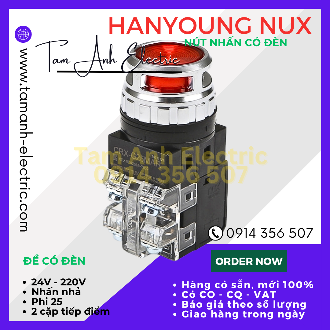 Nút nhấn có đèn phi 25 HanYoung CRX-G25 Hàn Quốc - Nút đề có đèn o25 HanYoung CRX-G25 