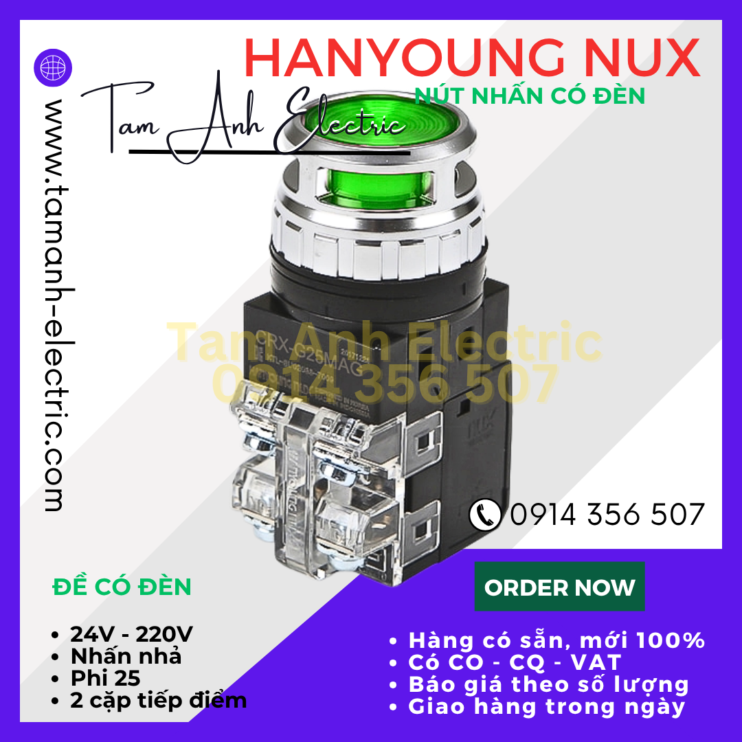  Nút nhấn có đèn phi 25 HanYoung CRX-G25 Hàn Quốc - Nút đề có đèn o25 HanYoung CRX-G25 