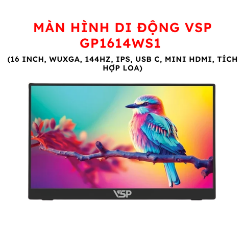 Màn hình di động VSP GP1614WS1 (16 inch, WUXGA, 144Hz, IPS, USB C, Mini HDMI, Tích hợp loa)