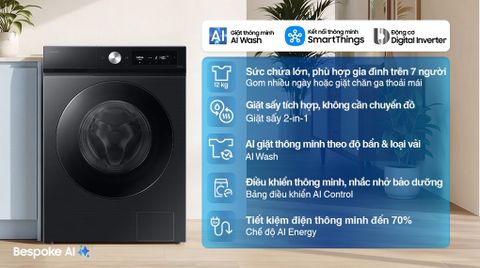 Máy giặt sấy Samsung Bespoke Inverter giặt 12 kg - sấy 7 kg WD12DB7B85GBSV