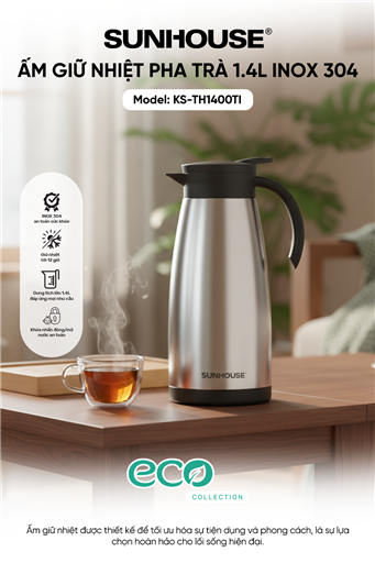 Ấm giữ nhiệt pha trà 1.4L inox 304 Sunhouse KS-TH1400TI