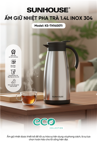 Ấm giữ nhiệt pha trà 1.4L inox 304 Sunhouse KS-TH1400TI