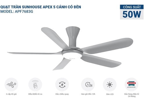 Quạt trần 5 cánh có đèn Sunhouse apex APF7683G – ảnh 5