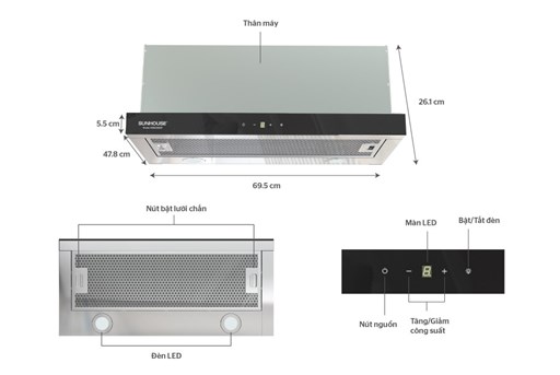 Máy hút mùi âm tủ Sunhouse SHB6288MT
