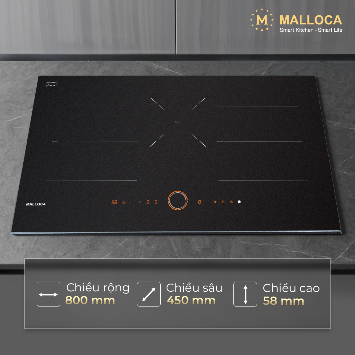 Bếp từ 3 vùng nấu 80cm với mặt kính Onyka chống trầy xước Malloca MI803ES - Bố cục ba vùng 80cm của bếp từ Malloca MI803ES Bếp từ 3 vùng nấu 80cm với mặt kính Onyka chống trầy xước Malloca MI803ES - Bố cục ba vùng 80cm của bếp từ Malloca MI803ES