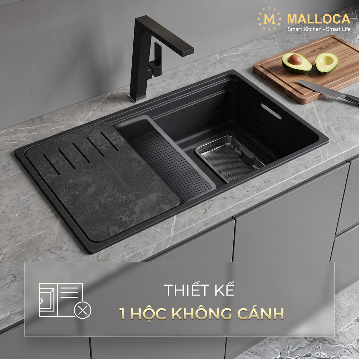 Chậu Rửa Chén 1 hố Inox 304 Malloca VOLCANIC MS7743GR - Gợi ý phối MS7743GR với tủ bếp và thiết bị Chậu Rửa Chén 1 hố Inox 304 Malloca VOLCANIC MS7743GR - Gợi ý phối MS7743GR với tủ bếp và thiết bị